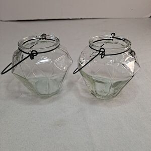 Clear Glass Prism Lanterns + Hanging Wires for Tea Lights or Candles Set Of 2